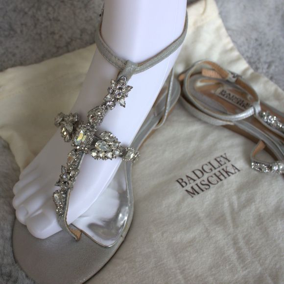 Badgley Mischka Melinda II Embellished Crystal Evening Sandals w/ bag | Silver 7 - Picture 3 of 13